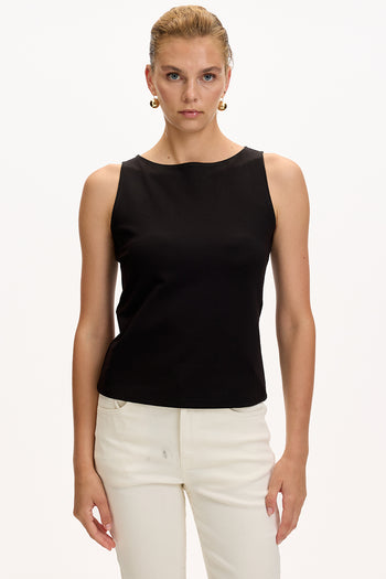 Kayık Yaka Kolsuz Slim Fit Örme Siyah Bluz
