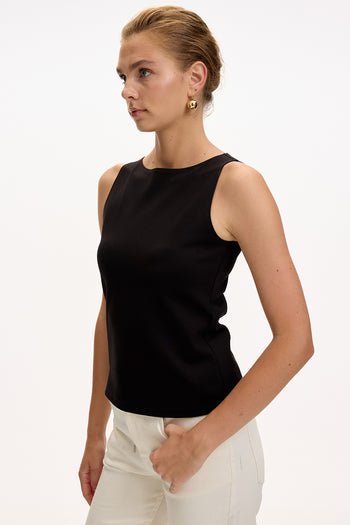 Kayık Yaka Kolsuz Slim Fit Örme Siyah Bluz