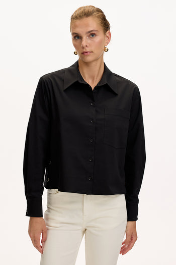 Uzun Kollu Cepli Çıt Çıt Detaylı Regular Siyah Gömlek