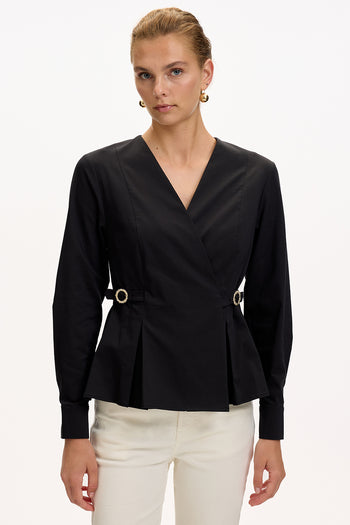 Kruvaze Yaka Uzun Kollu Slim Fit Siyah Gömlek