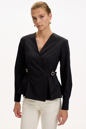 Kruvaze Yaka Uzun Kollu Slim Fit Siyah Gömlek