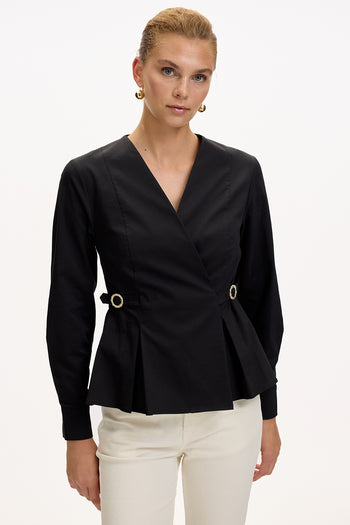 Kruvaze Yaka Uzun Kollu Slim Fit Siyah Gömlek