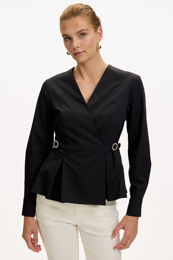 Kruvaze Yaka Uzun Kollu Slim Fit Siyah Gömlek