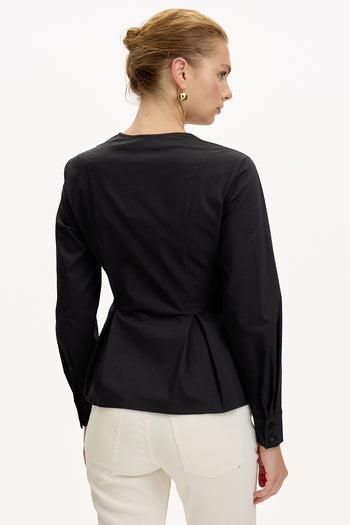 Kruvaze Yaka Uzun Kollu Slim Fit Siyah Gömlek