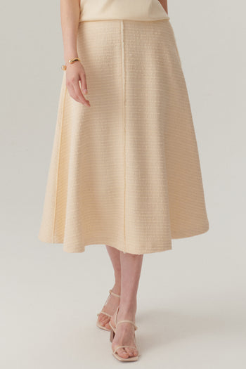Ekru Renk Dokulu Kumaş Diz Altı Kloş Etek