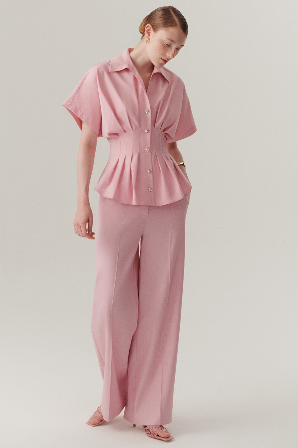 Düşük Kollu Bele Oturan Pileli Poplin Gömlek