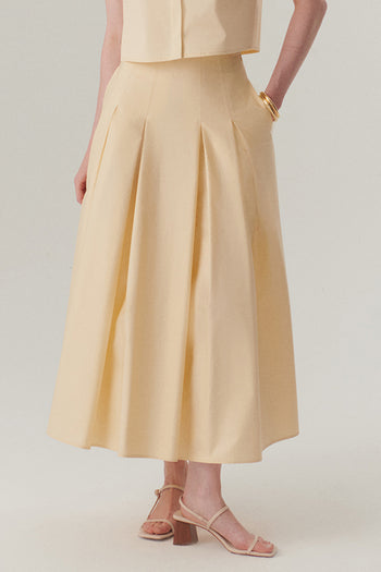 Açık Sarı Pileli Pamuklu Midi Boy Etek