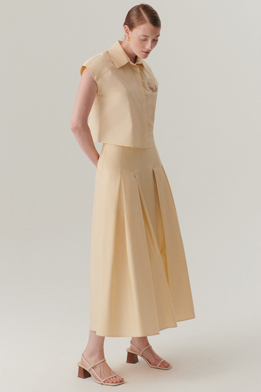 Açık Sarı Pileli Pamuklu Midi Boy Etek