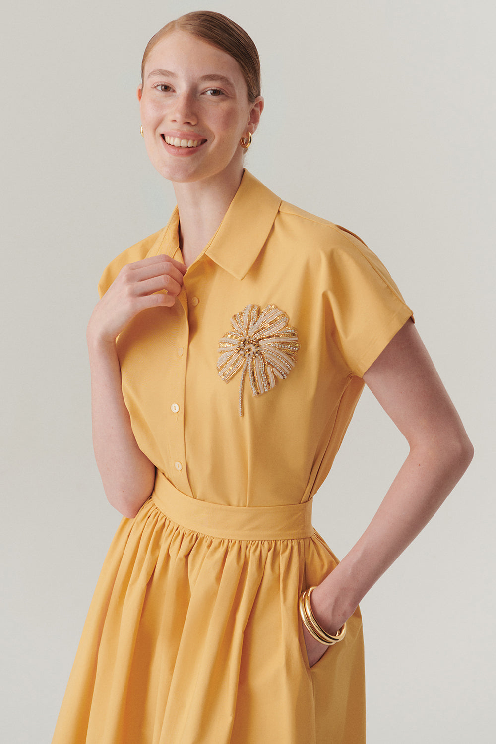 Gömlek Yaka Kısa Kollu Taş İşlemeli Pamuklu Regular Fit Camel Gömlek