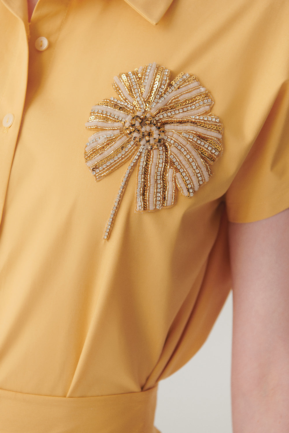 Gömlek Yaka Kısa Kollu Taş İşlemeli Pamuklu Regular Fit Camel Gömlek