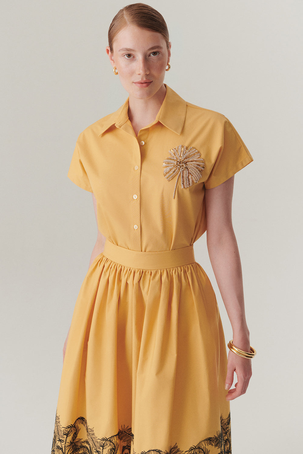 Gömlek Yaka Kısa Kollu Taş İşlemeli Pamuklu Regular Fit Camel Gömlek