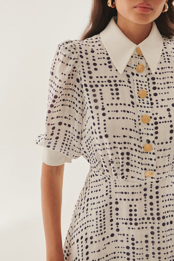 Kontrast Yakalı Bele Oturan Rayon Şifon Desenli Elbise