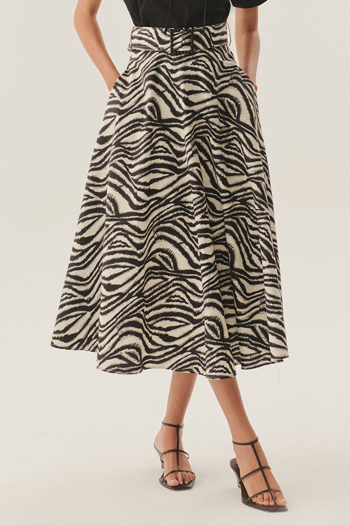Tokalı Kemer Detaylı Zebra Desenli A Kesim Pamuklu Midi Etek