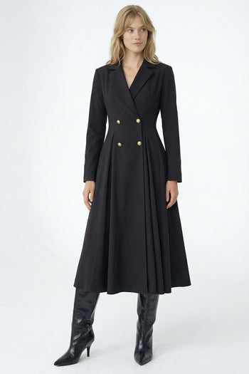 Gold Düğme Detaylı Kruvaze Dokuma Midi Blazer Elbise