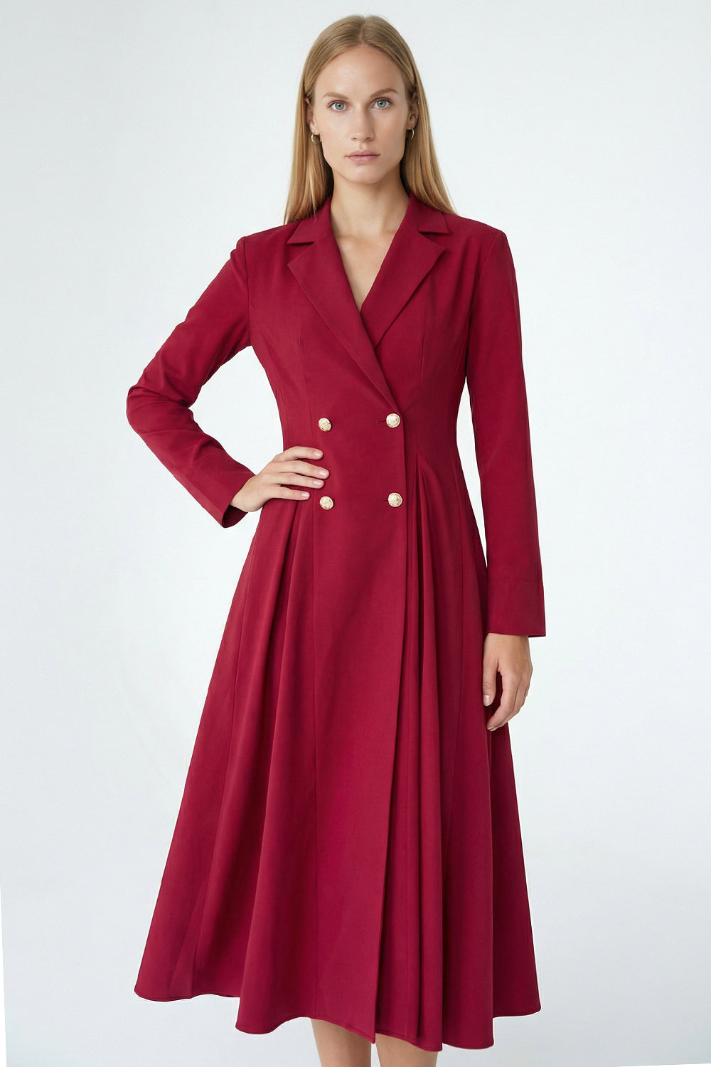 Gold Düğme Detaylı Kruvaze Dokuma Midi Blazer Elbise