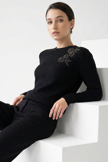 Uzun Kollu Bisiklet Yaka Çiçek İşlemeleri Triko Kazak