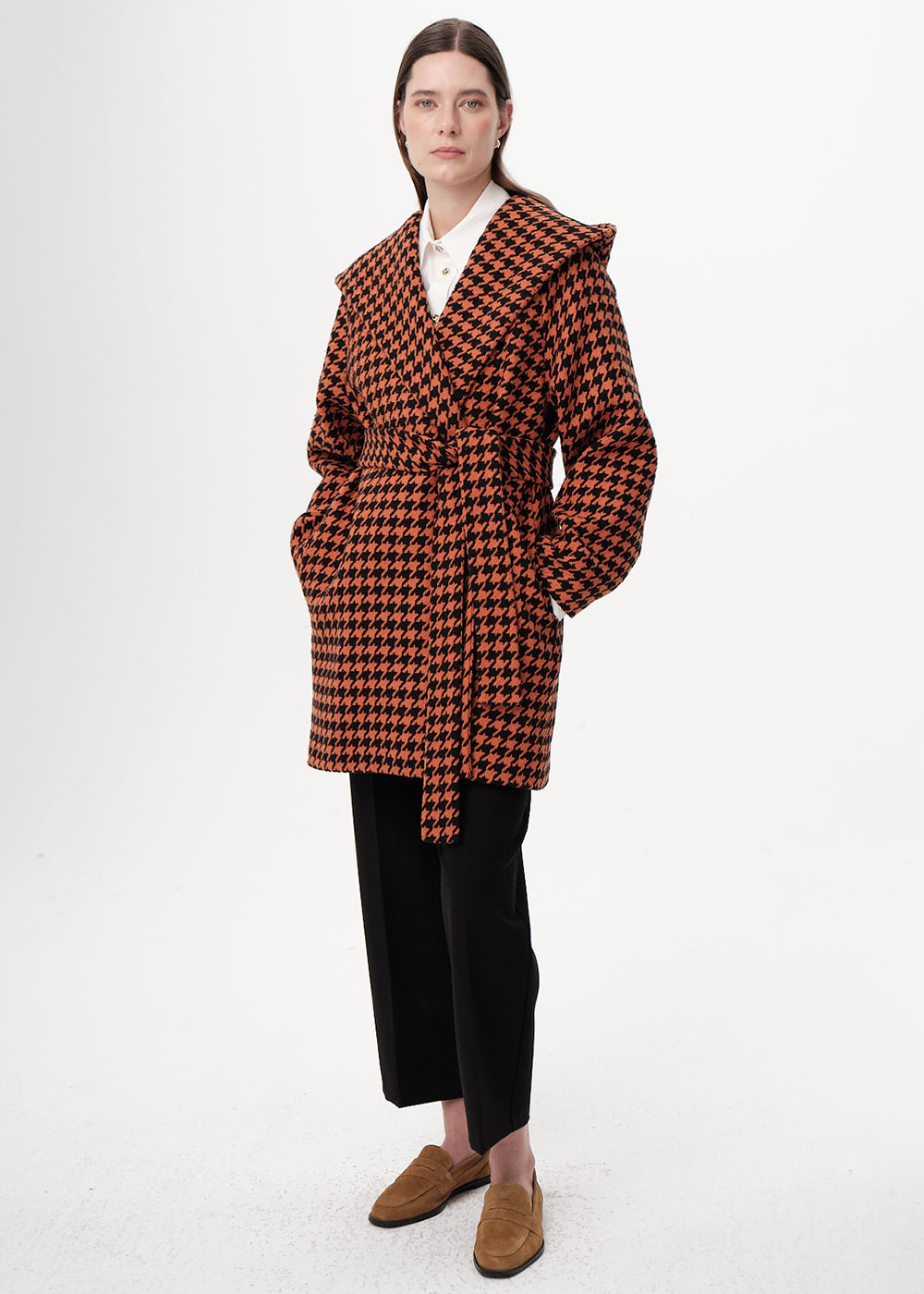 Kapüşonlu Belden Kuşaklı Cepli Regular Dokuma Kaban