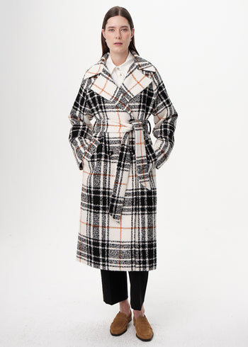 Kuşaklı Kruvaze Cepli Midi Regular Dokuma Kaban