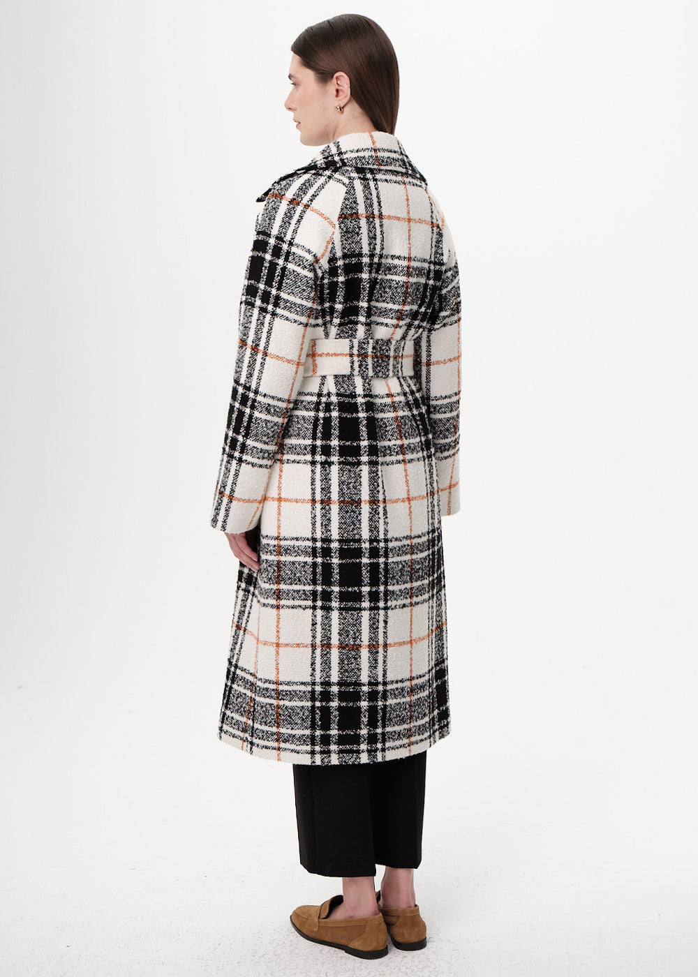 Kuşaklı Kruvaze Cepli Midi Regular Dokuma Kaban