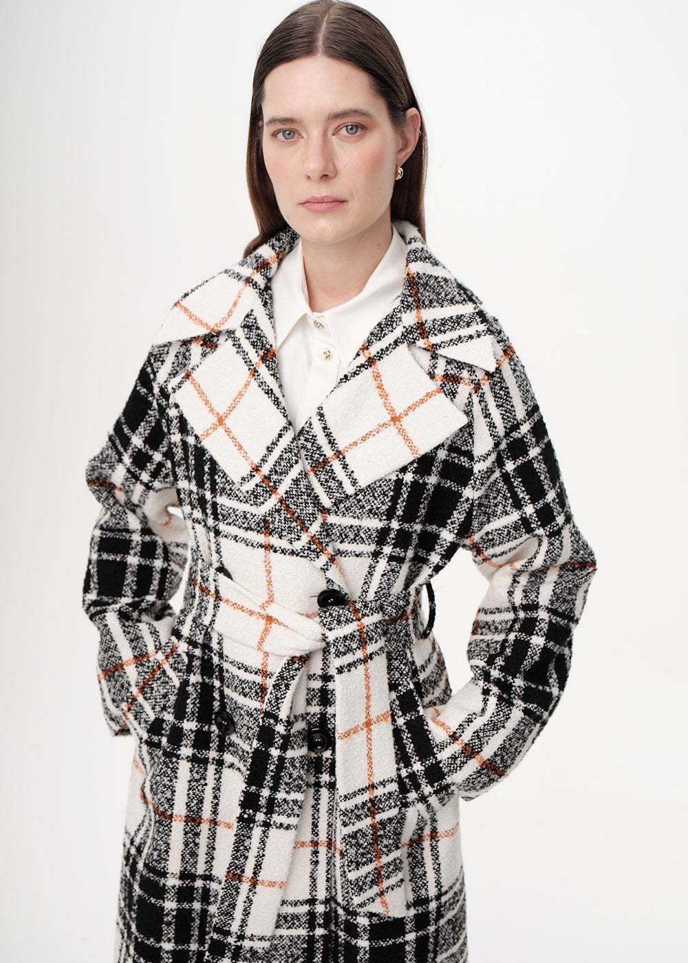 Kuşaklı Kruvaze Cepli Midi Regular Dokuma Kaban