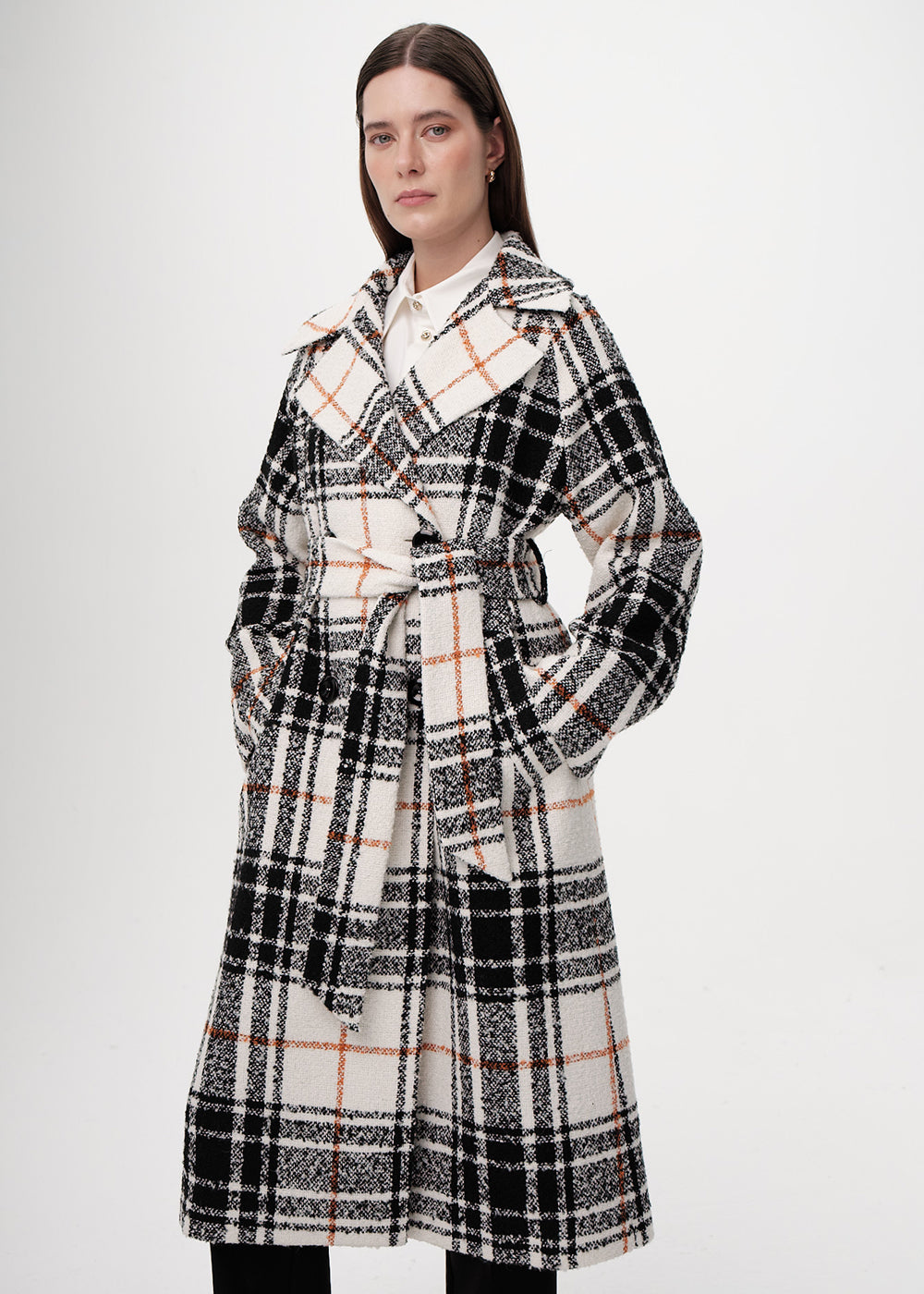 Kuşaklı Kruvaze Cepli Midi Regular Dokuma Kaban