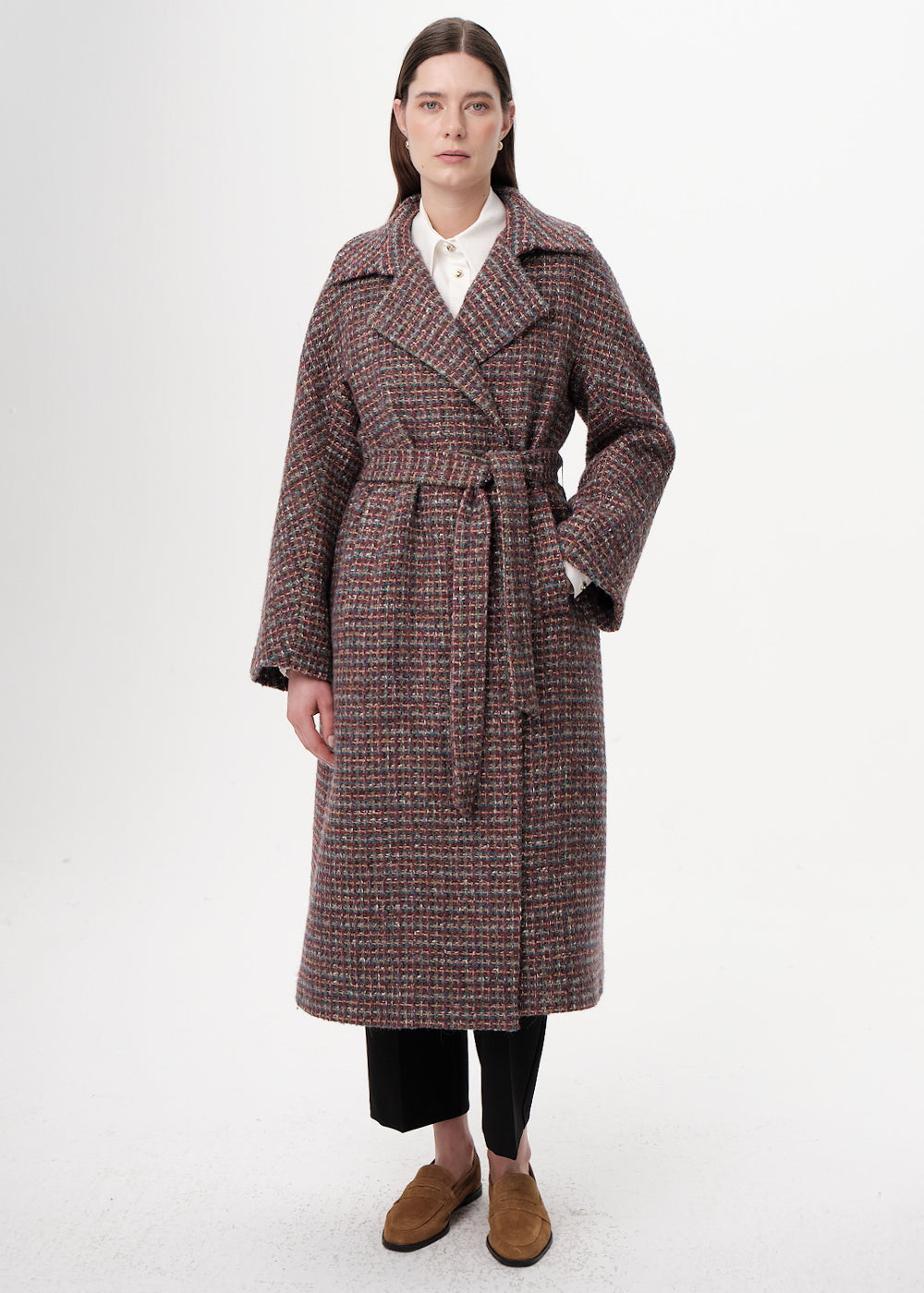 Uzun Kollu Cepli Kuşaklı Midi Regular Dokuma Kaban