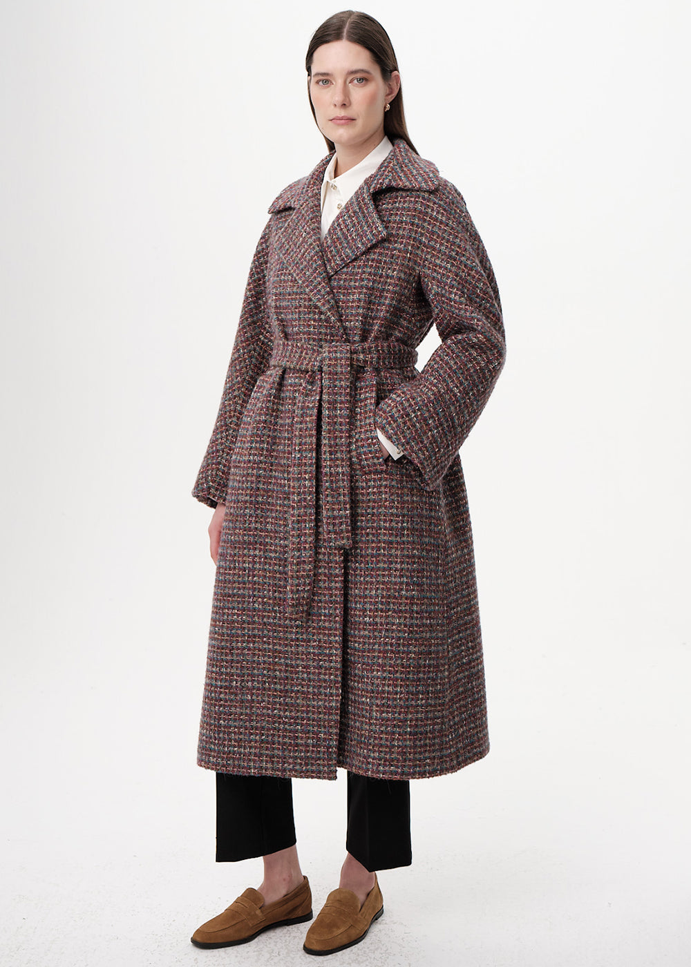 Uzun Kollu Cepli Kuşaklı Midi Regular Dokuma Kaban