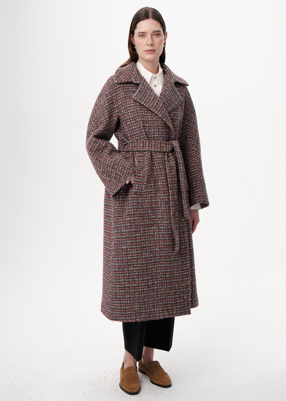 Uzun Kollu Cepli Kuşaklı Midi Regular Dokuma Kaban