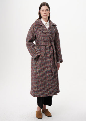 Uzun Kollu Cepli Kuşaklı Midi Regular Dokuma Kaban