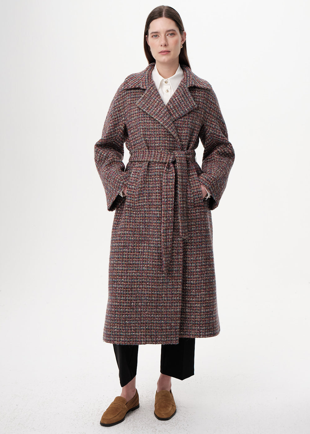 Uzun Kollu Cepli Kuşaklı Midi Regular Dokuma Kaban