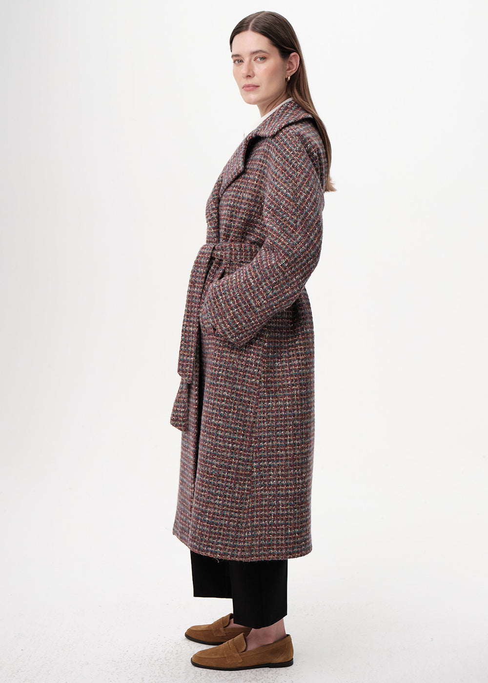 Uzun Kollu Cepli Kuşaklı Midi Regular Dokuma Kaban