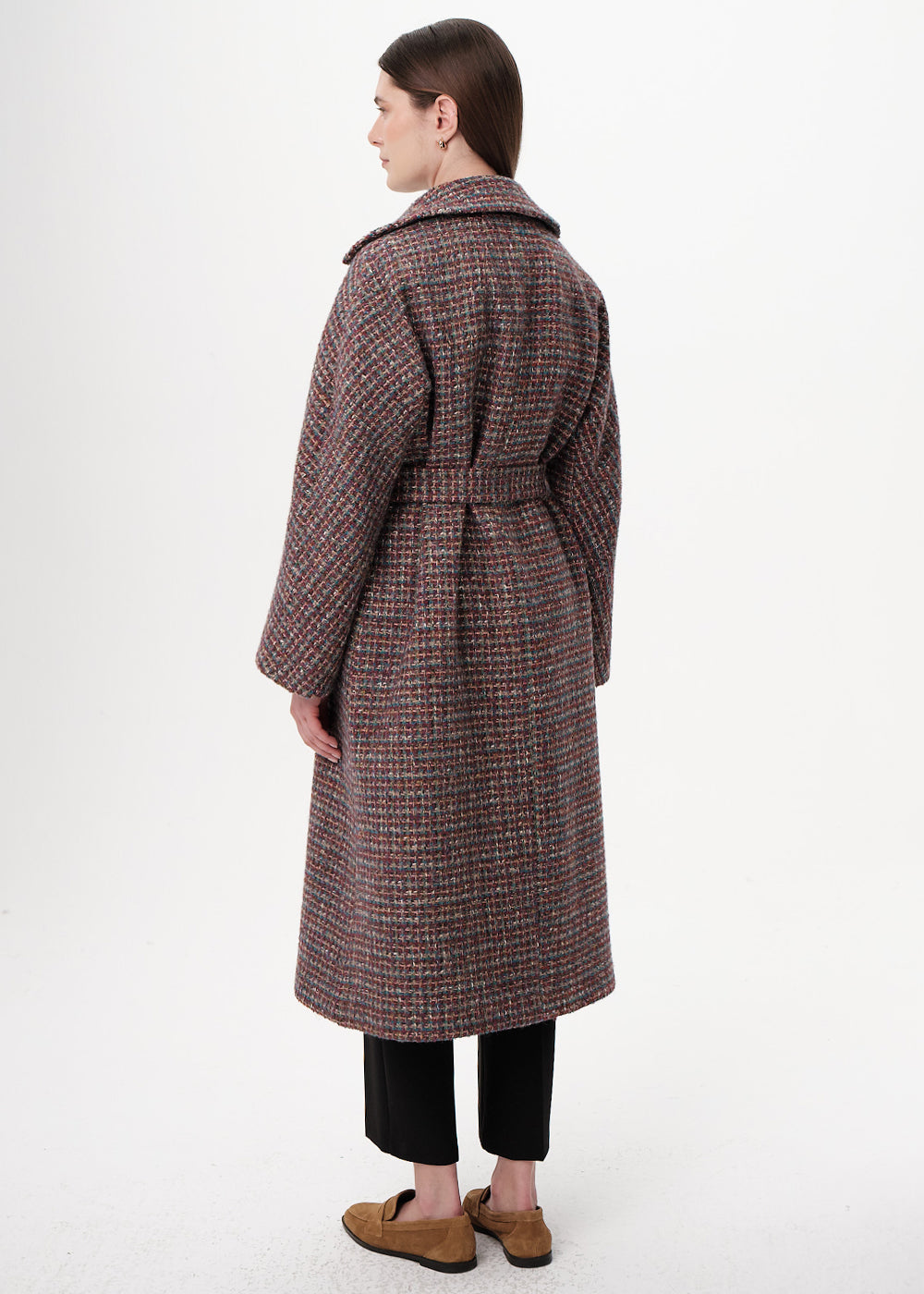 Uzun Kollu Cepli Kuşaklı Midi Regular Dokuma Kaban