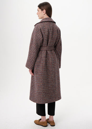 Uzun Kollu Cepli Kuşaklı Midi Regular Dokuma Kaban