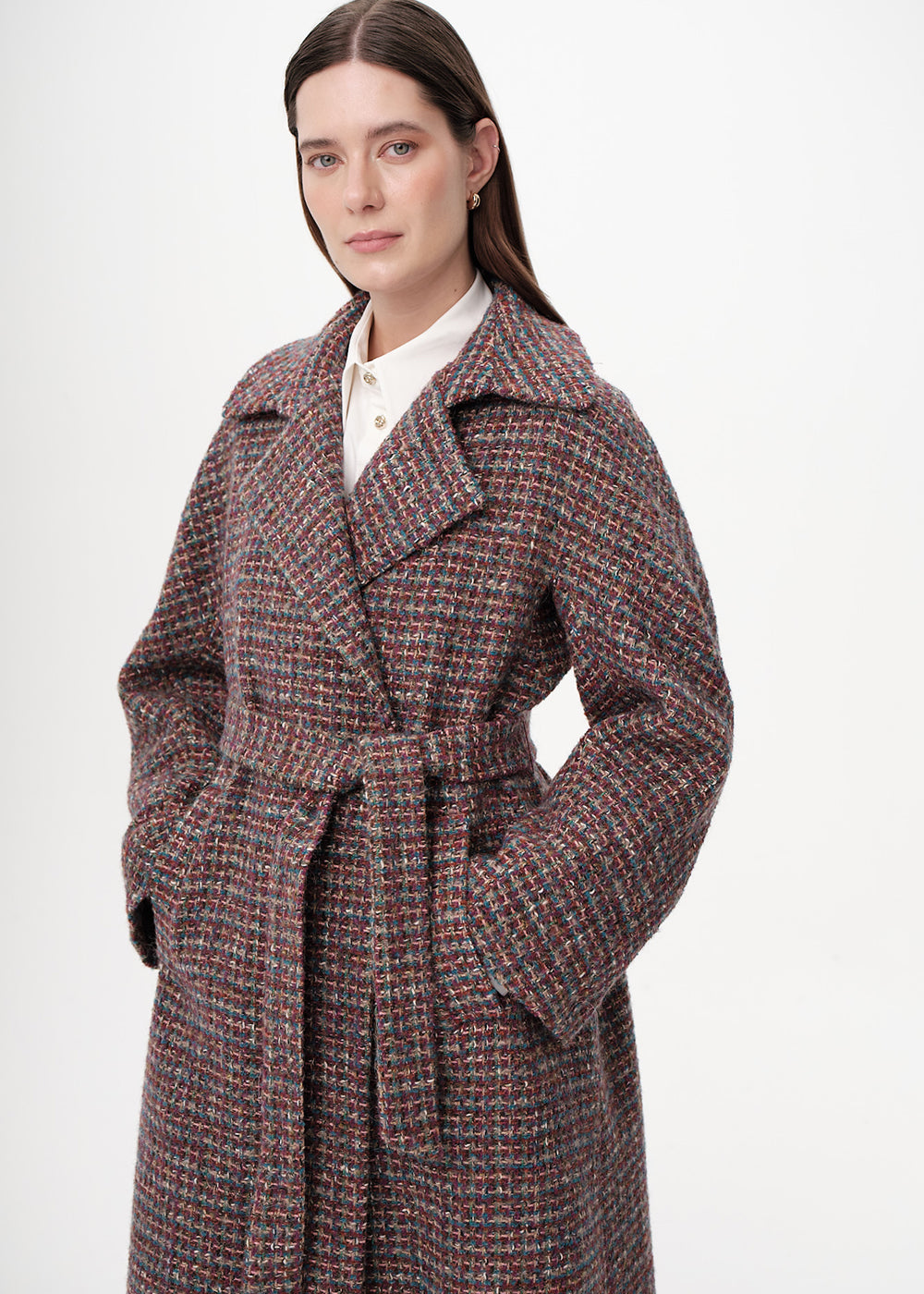 Uzun Kollu Cepli Kuşaklı Midi Regular Dokuma Kaban