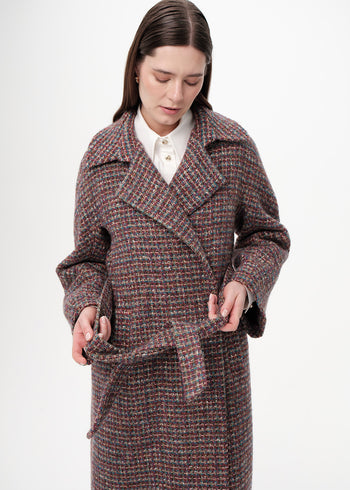 Uzun Kollu Cepli Kuşaklı Midi Regular Dokuma Kaban