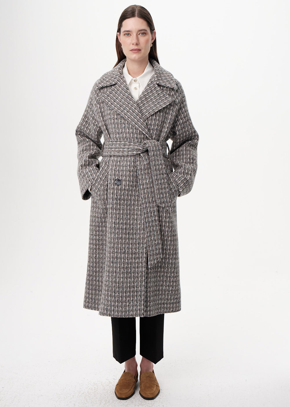 Kuşaklı Kruvaze Cepli Midi Regular Dokuma Kaban