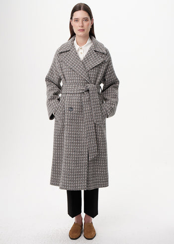 Kuşaklı Kruvaze Cepli Midi Regular Dokuma Kaban