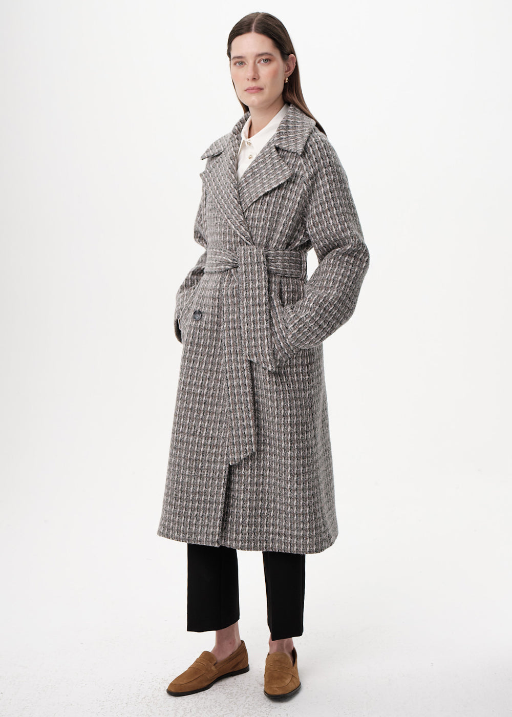 Kuşaklı Kruvaze Cepli Midi Regular Dokuma Kaban