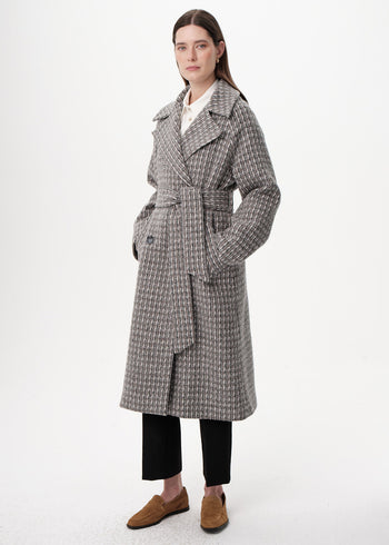 Kuşaklı Kruvaze Cepli Midi Regular Dokuma Kaban