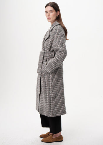 Kuşaklı Kruvaze Cepli Midi Regular Dokuma Kaban