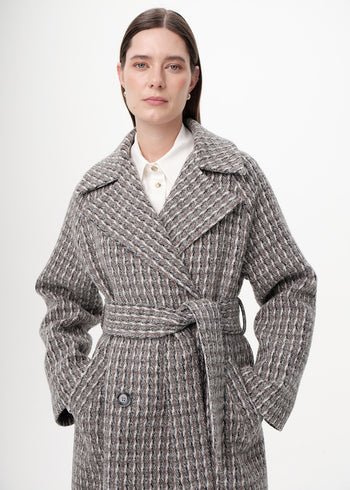 Kuşaklı Kruvaze Cepli Midi Regular Dokuma Kaban