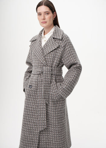 Kuşaklı Kruvaze Cepli Midi Regular Dokuma Kaban