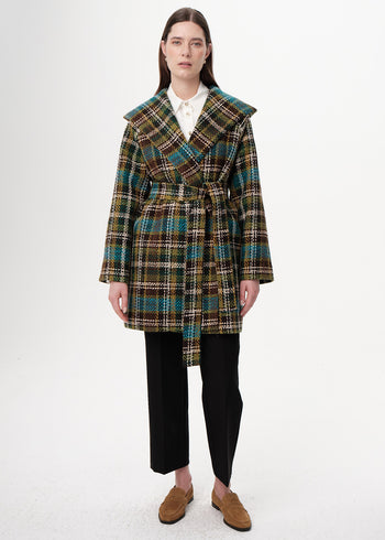 Kapüşonlu Belden Kuşaklı Cepli Regular Dokuma Kaban