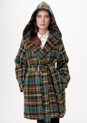 Kapüşonlu Belden Kuşaklı Cepli Regular Dokuma Kaban