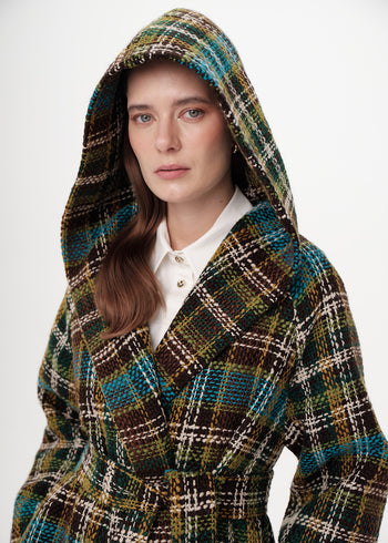 Kapüşonlu Belden Kuşaklı Cepli Regular Dokuma Kaban