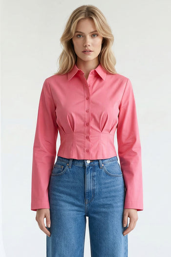 Gömlek Yaka Uzun Kollu Pile Detaylı Crop Regular Pembe Gömlek