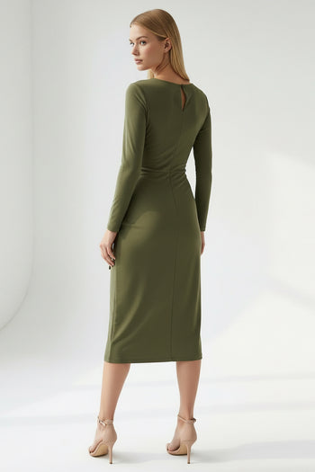 Bisiklet Yaka Fermuarlı Belden Bağlamalı Regular Örme Haki Elbise