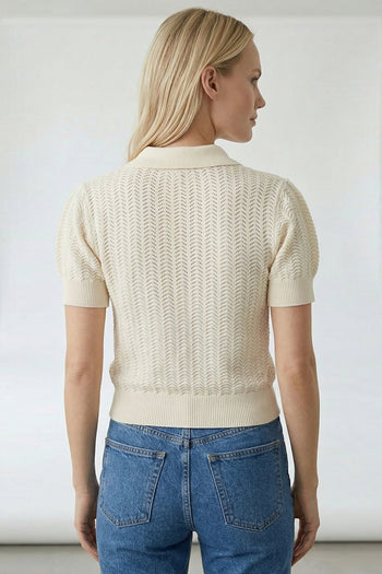 Polo Yaka Ajurlu Kısa Kollu Regular Triko Bej Bluz