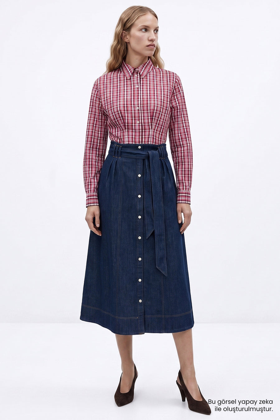 Yüksek Bel Kuşaklı Regular Denim Mavi Midi Etek