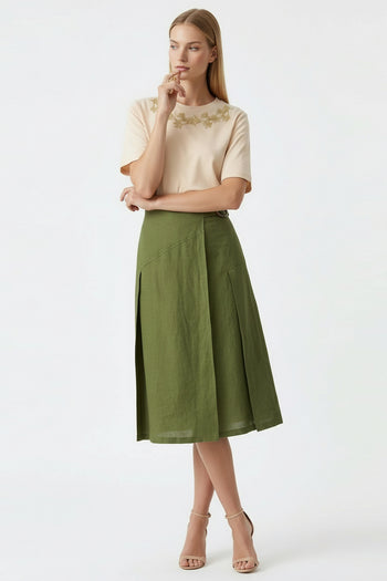 Yırtmaçlı Tokalı Fermuarlı Regular Midi Keten Haki Etek